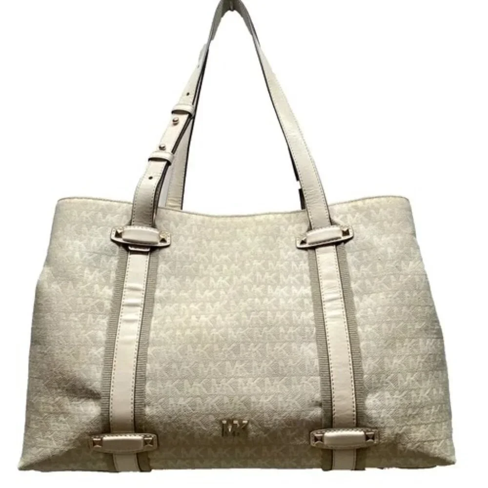 Michael Kors Griffin Large Logo Tote Natural Jacqard Canvas Leather Trim GUC